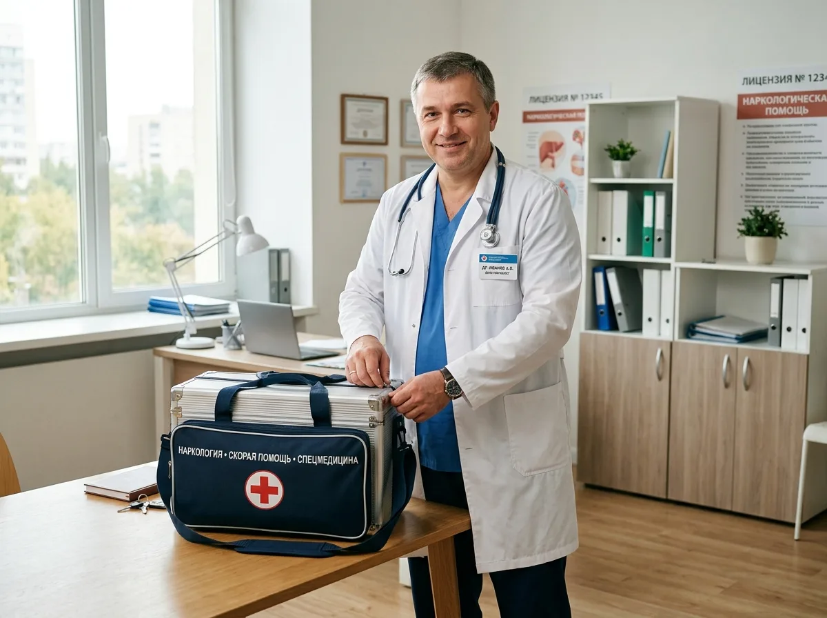 Врач-нарколог в белом халате с медицинским чемоданчиком, готовится к выезду на вызов, светлый медицинский офис, доверительная обстановка