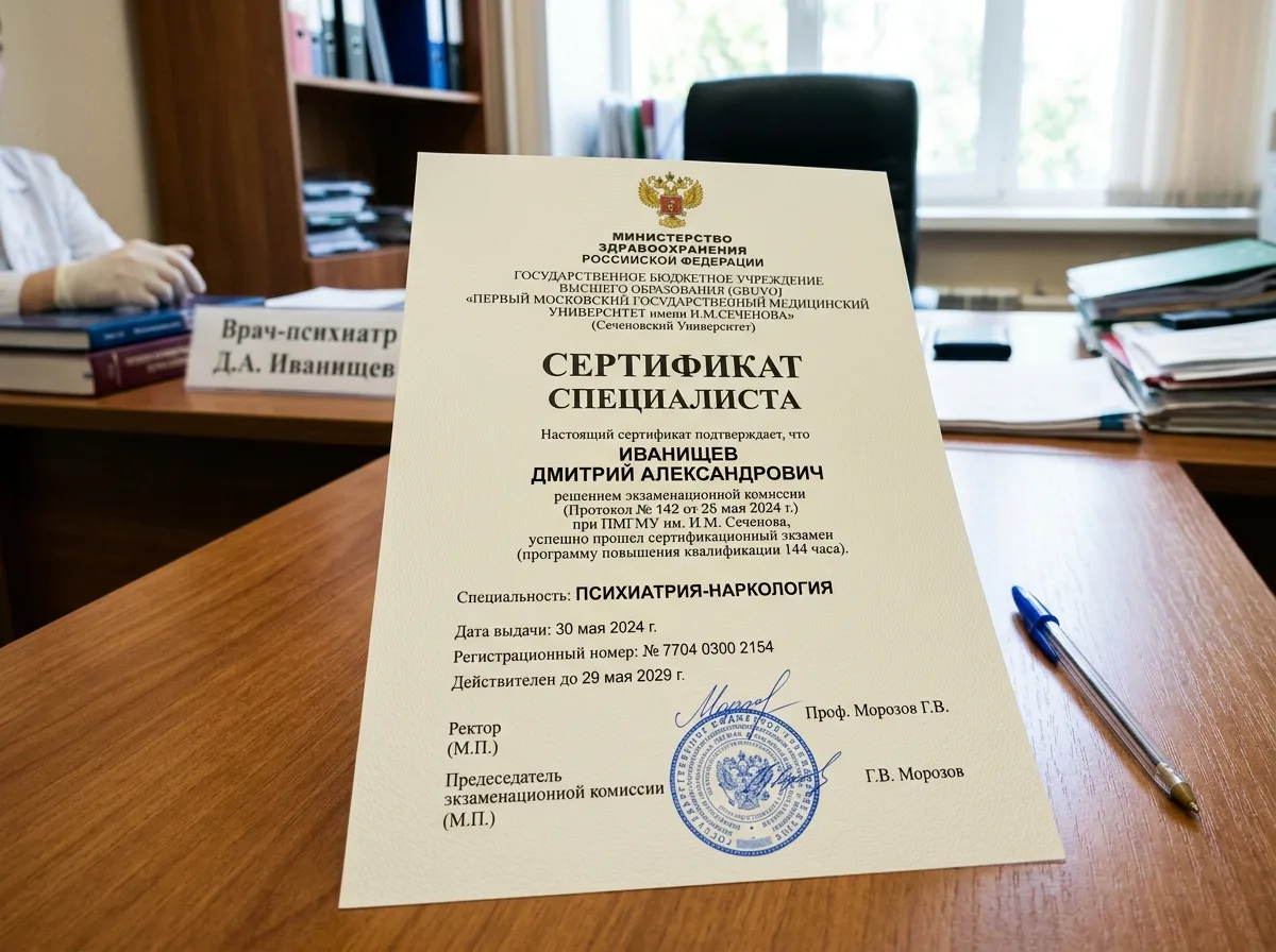 Сертификат специалиста врача-психиатра нарколога, документ А4 с печатью и подписью, медицинский сертификат повышения квалификации, профессиональный фон
